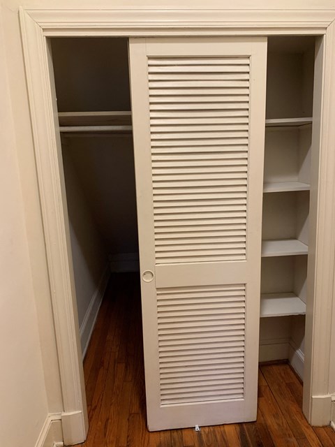 A white closet with shelves and a door open.