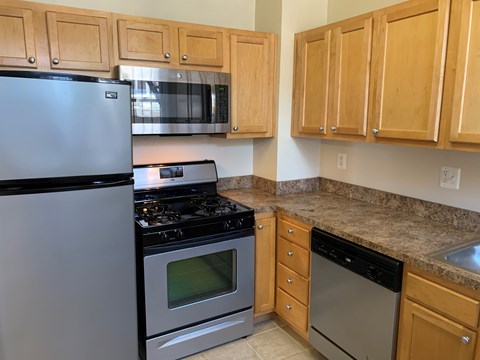 A kitchen with a stove, oven, dishwasher, refrigerator, microwave, and cabinets.