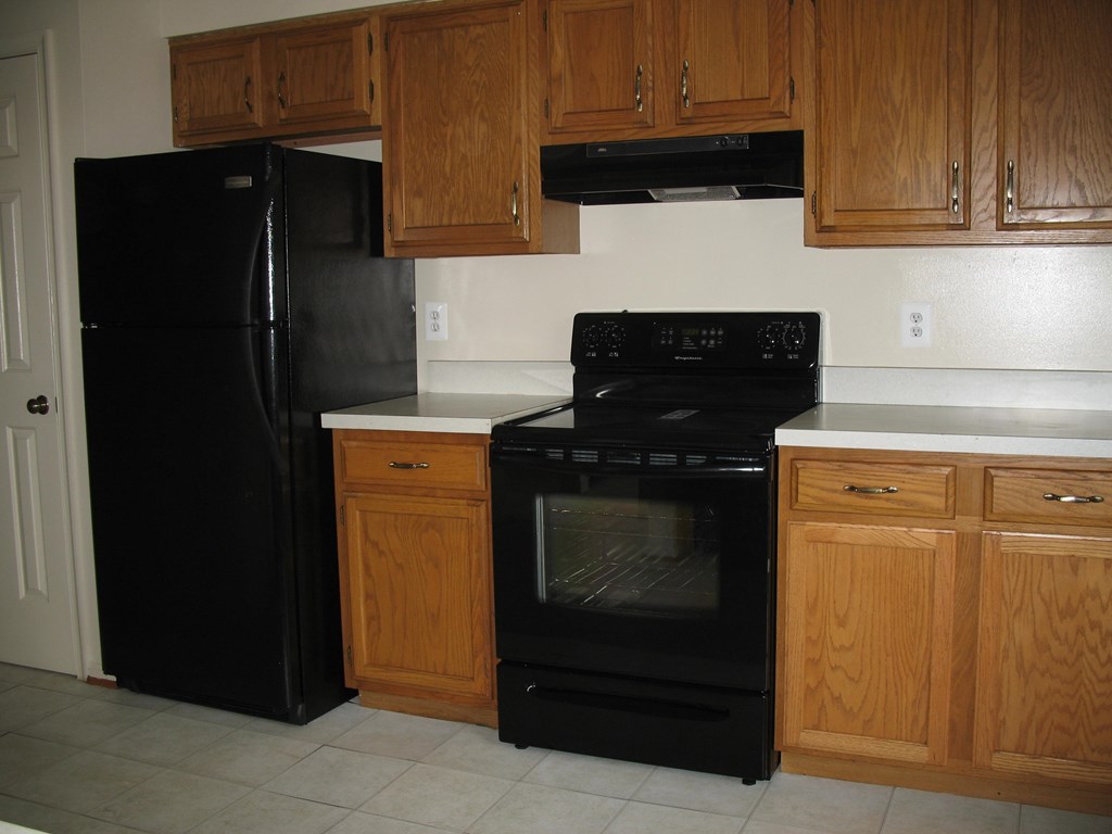 A black refrigerator and oven in a kitchen with wooden cabinets.