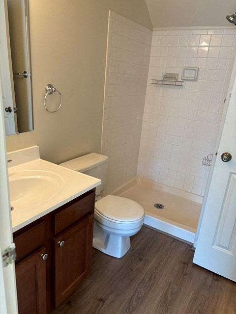 A white toilet sits in a bathroom next to a sink and a walk-in shower.