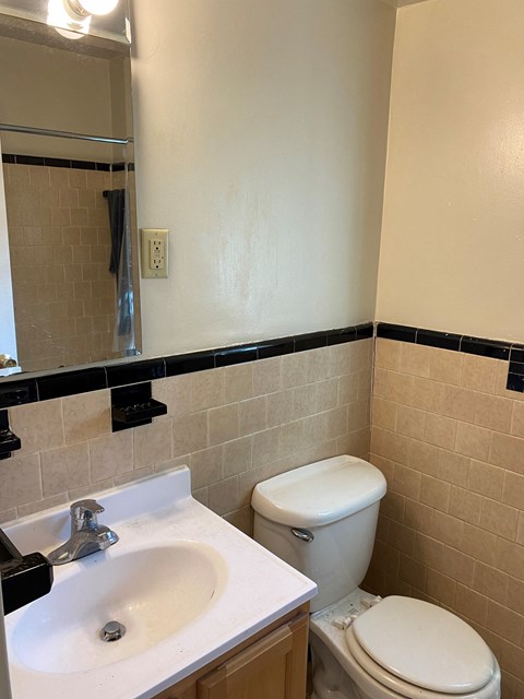 A white toilet sits next to a sink in a bathroom.