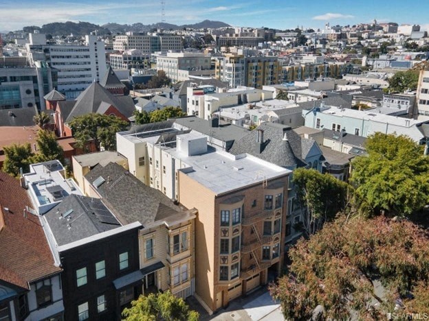 A cityscape with buildings of various designs and a clear sky.