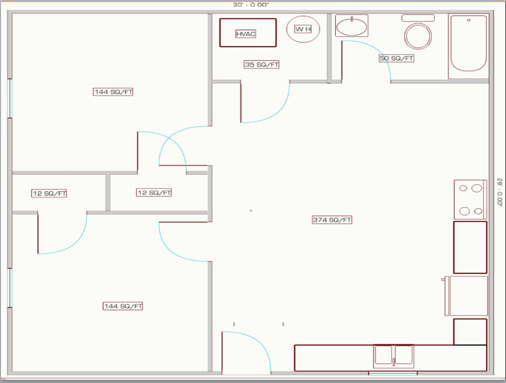 A floor plan of a house with a kitchen, living room, and two bedrooms.