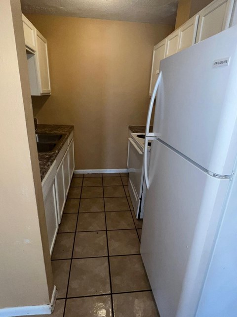 a kitchen with a refrigerator and a sink