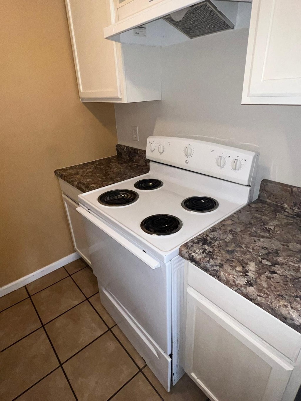the kitchen has a stove and counter top