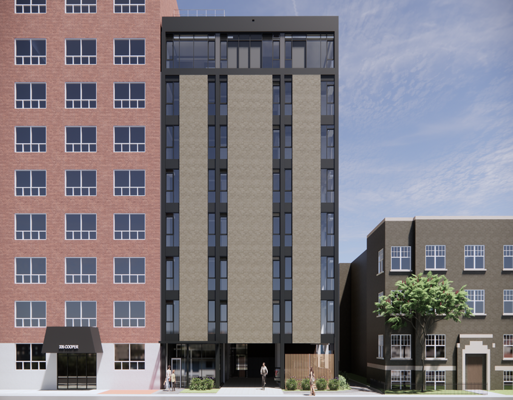 a rendering of a tall brick building with a sky background