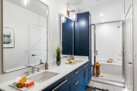 a blue and white bathroom with two sinks and a shower