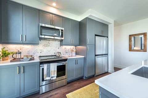 a kitchen with stainless steel appliances and blue cabinets