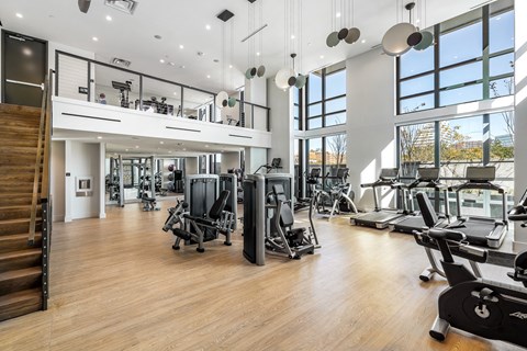 a gym with cardio equipment and large windows