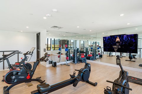a gym with treadmills and other exercise equipment and a tv on the wall