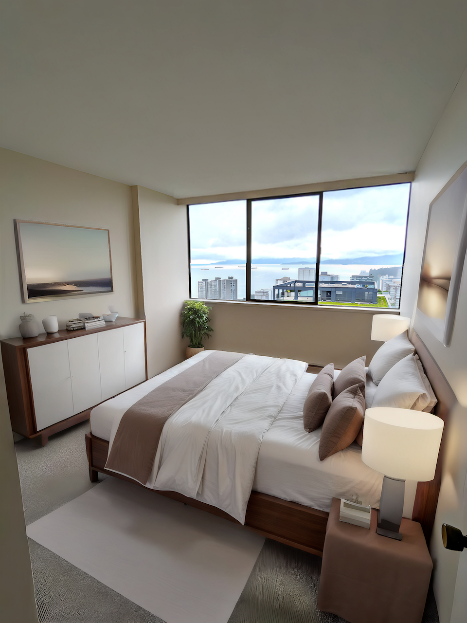 A bedroom with a large bed and a view of the city.