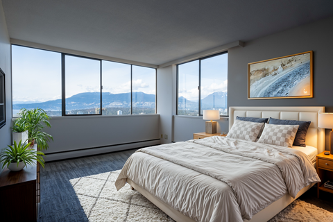A bedroom with a large bed and a view of the mountains.