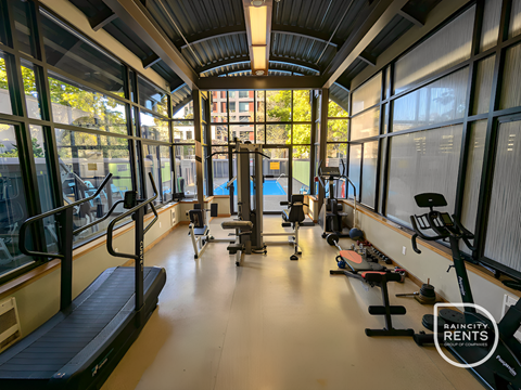 A gym with treadmills, exercise bikes and other equipment.