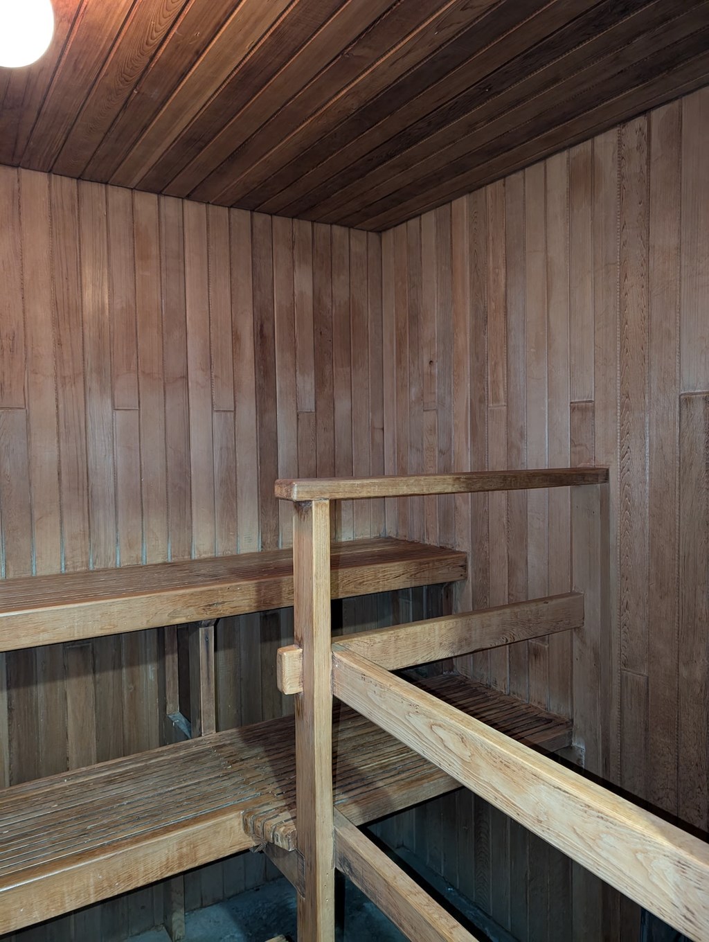 A wooden sauna with benches and a ladder.