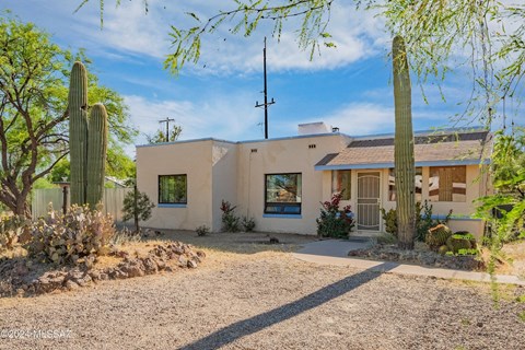 a white house with a cactus and a gravel driveway