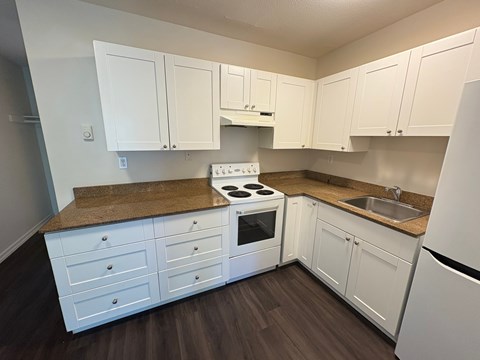 A kitchen with white cabinets and a granite countertop.