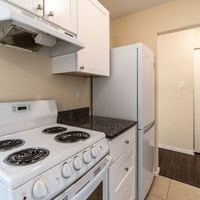A white stove and refrigerator in a kitchen.