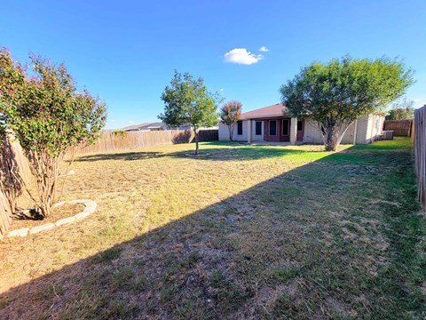 a backyard with a house and a yard with grass and trees