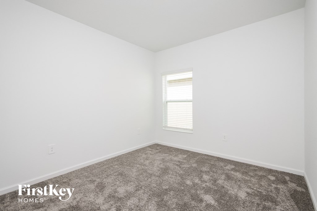 a carpeted room with a window and white walls