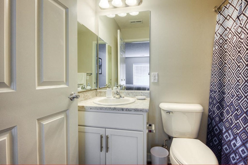 a bathroom with a sink toilet and a mirror