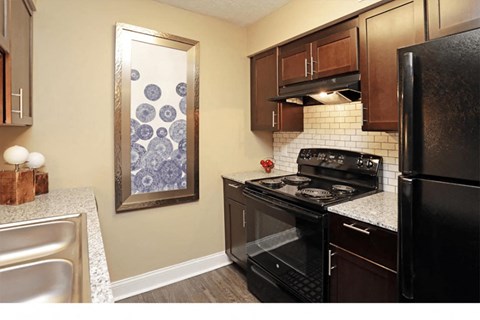 a kitchen with black appliances and a painting on the wall
