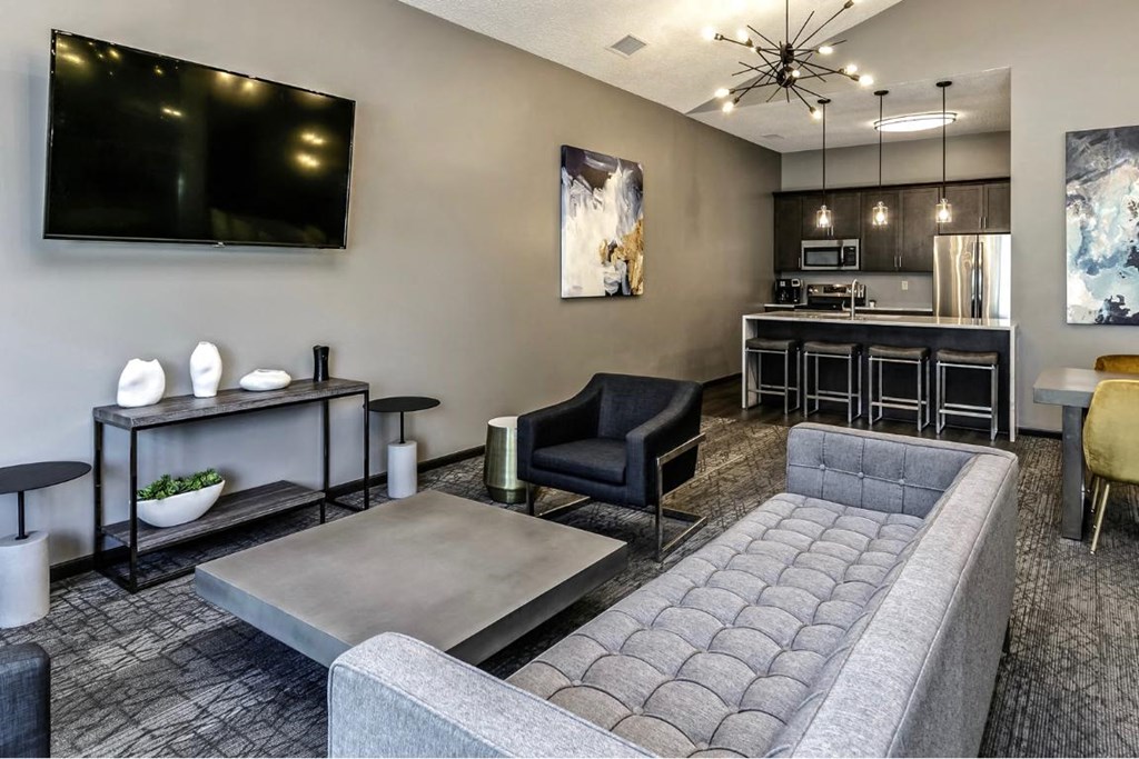 a living room with a couch and a table
