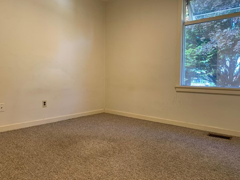 A room with a carpeted floor and a window showing trees outside.