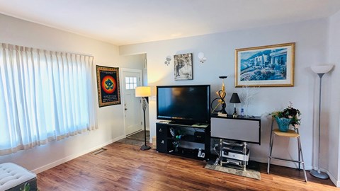 A living room with a television, a chair, and a painting on the wall.