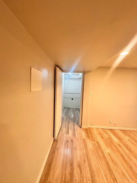 A hallway with a door at the end.