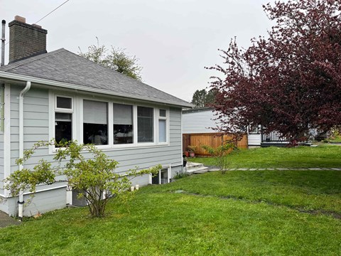A house with a grey roof and a tree in front.