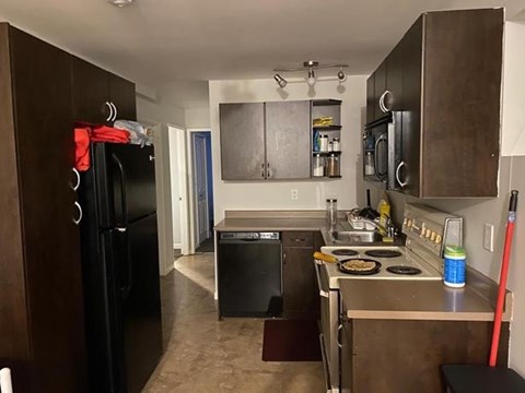 A kitchen with a black fridge and a black dishwasher.