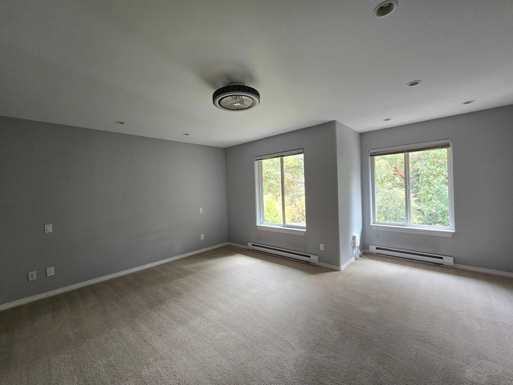 A room with a carpeted floor and two windows.