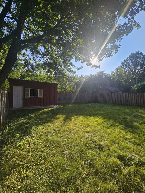 A small red shed sits in a grassy backyard.