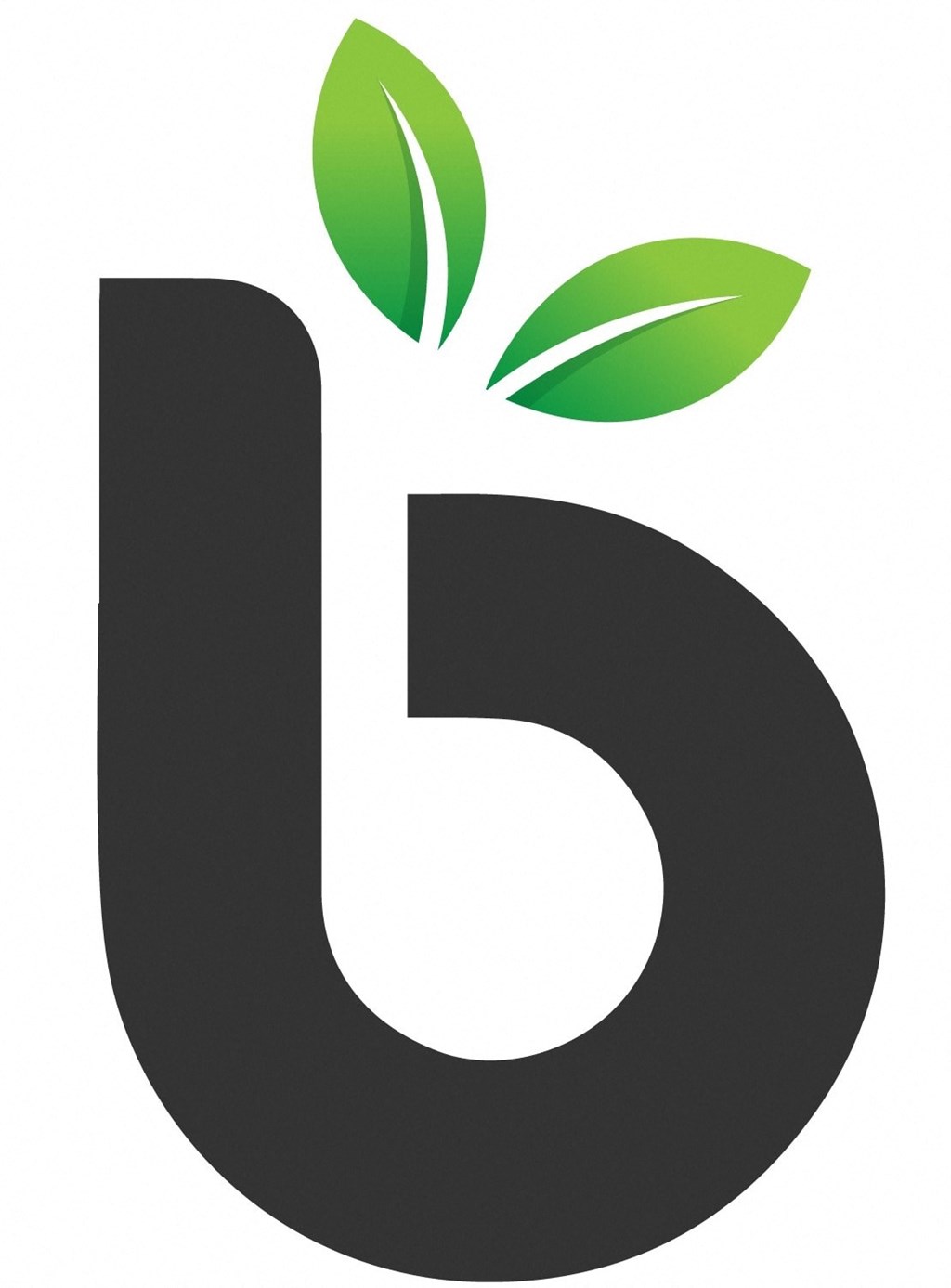 A black letter "b" with two green leaves on top.