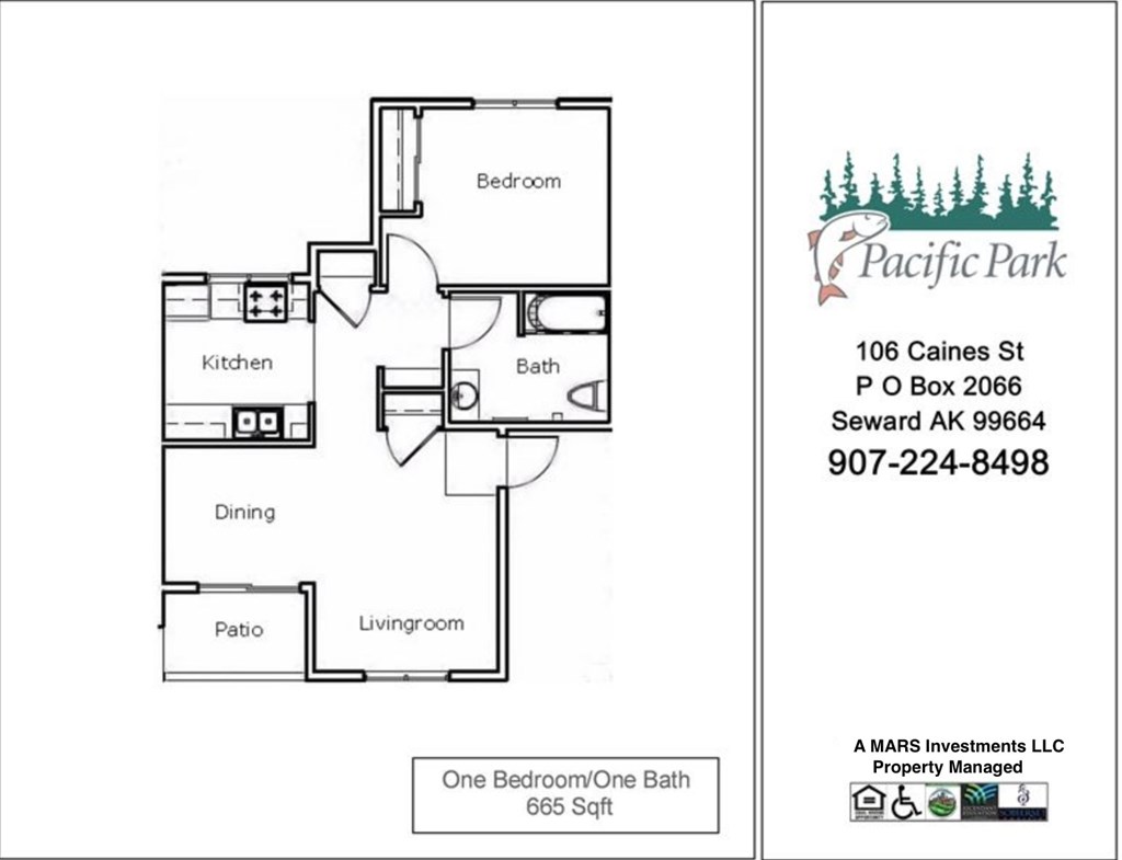 A floor plan for a one bedroom, one bath apartment at Pacific Park.