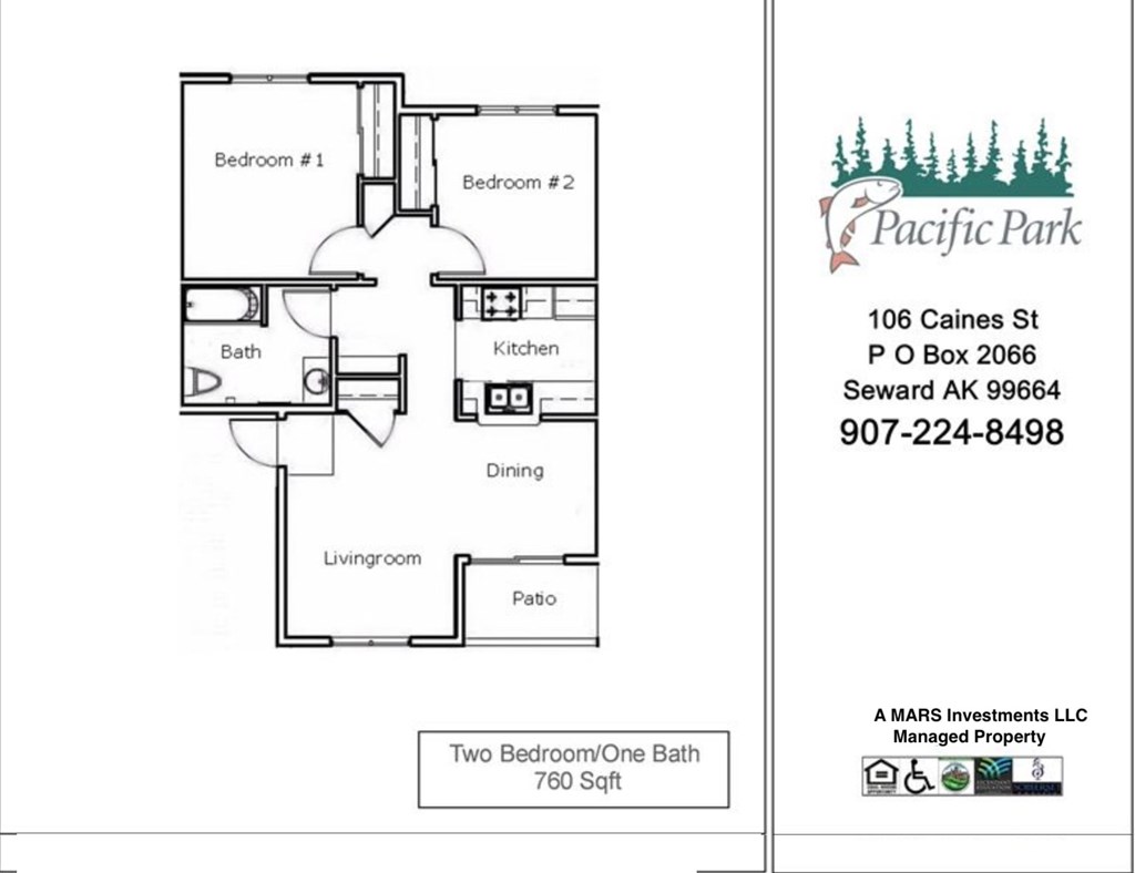 A floor plan for a two bedroom, one bath apartment at Pacific Park.