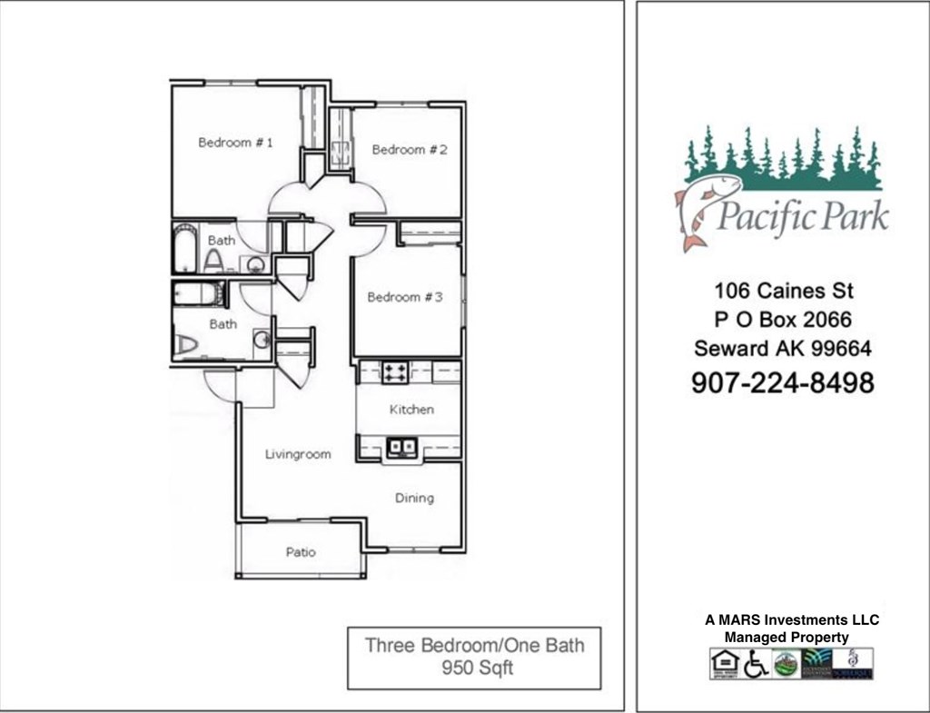 A floor plan for a three bedroom, one bath property at Pacific Park.