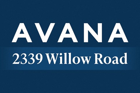 A blue sign with the word AVANA and the address 2339 Willow Road.