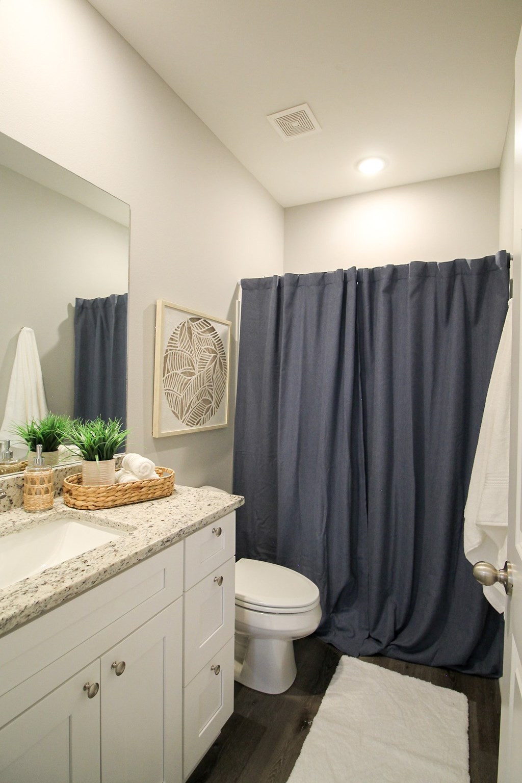 a bathroom with a blue shower curtain and a toilet
