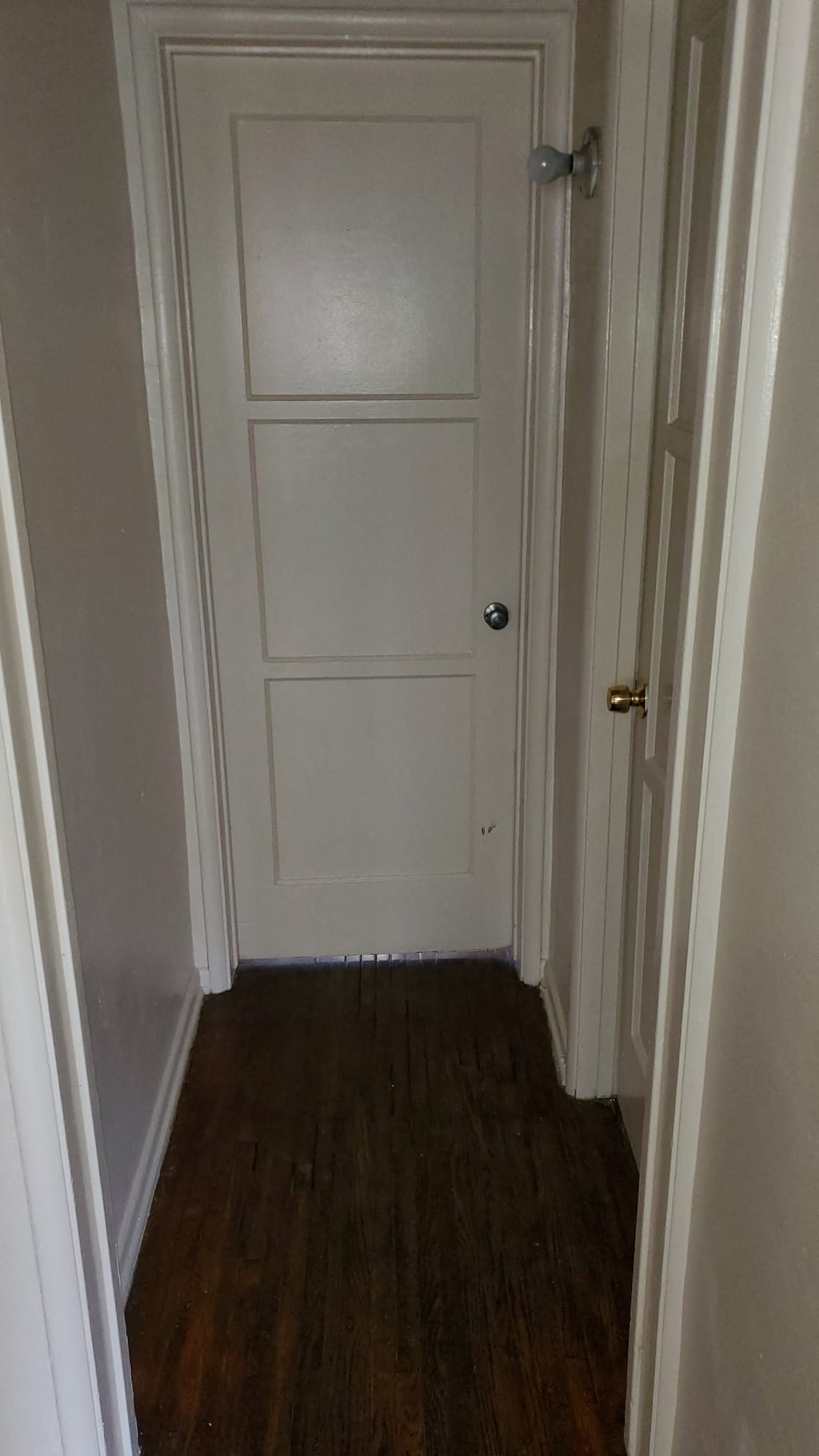 A white door with a silver handle is in a hallway with wood floors.