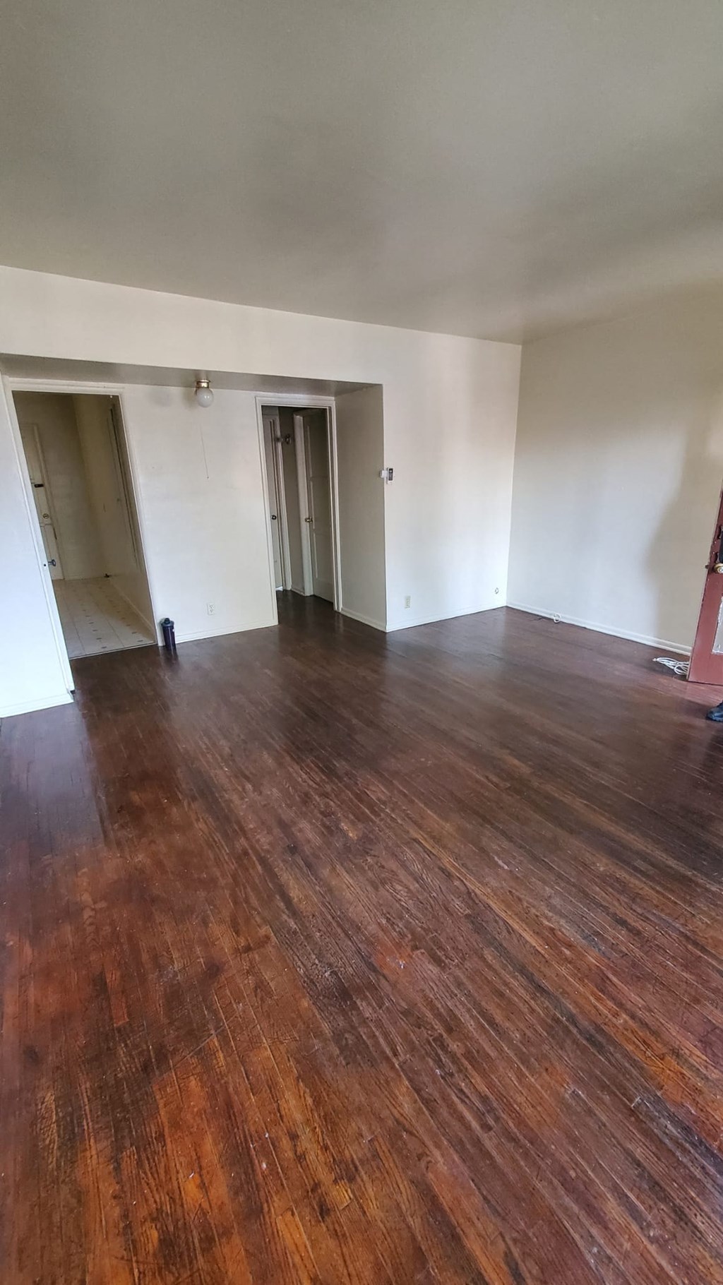 A room with a wooden floor and two doors.