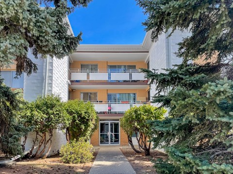 A building with a balcony and a glass door is surrounded by trees.