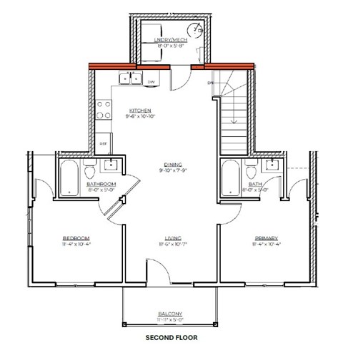 A floor plan of a two-story house with labeled rooms and dimensions.