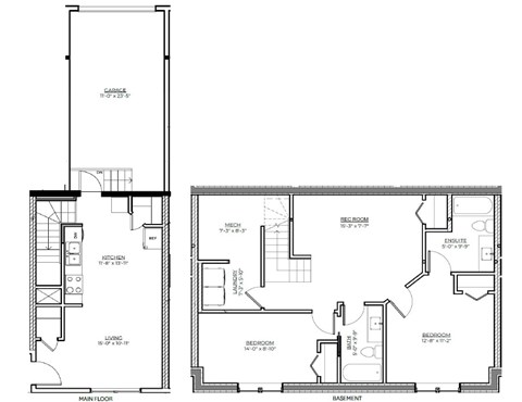 A floor plan of a house with a garage, main floor, and basement.