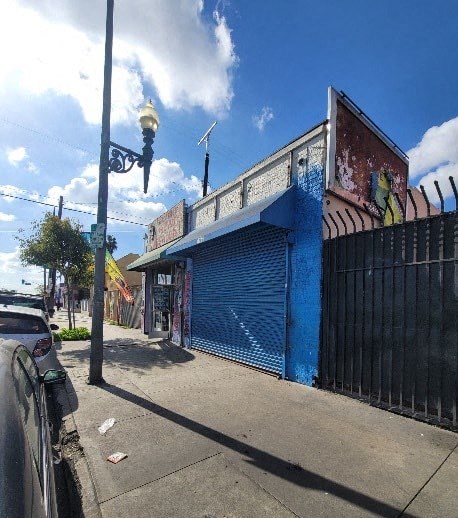 A blue building with a closed shutter and a black gate.