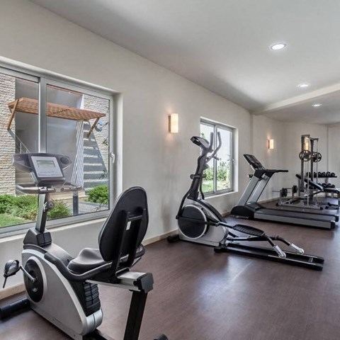 a home gym with exercise equipment and a window