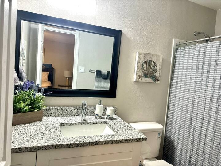 a bathroom with a sink and a mirror
