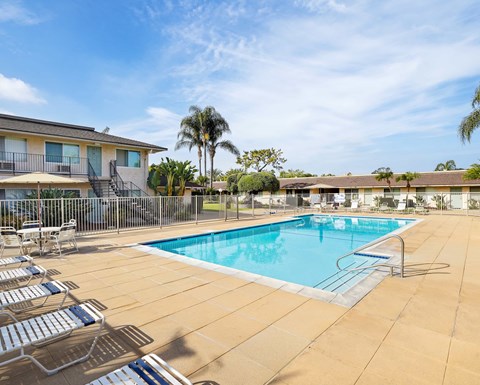 A pool with a metal fence and sun loungers.