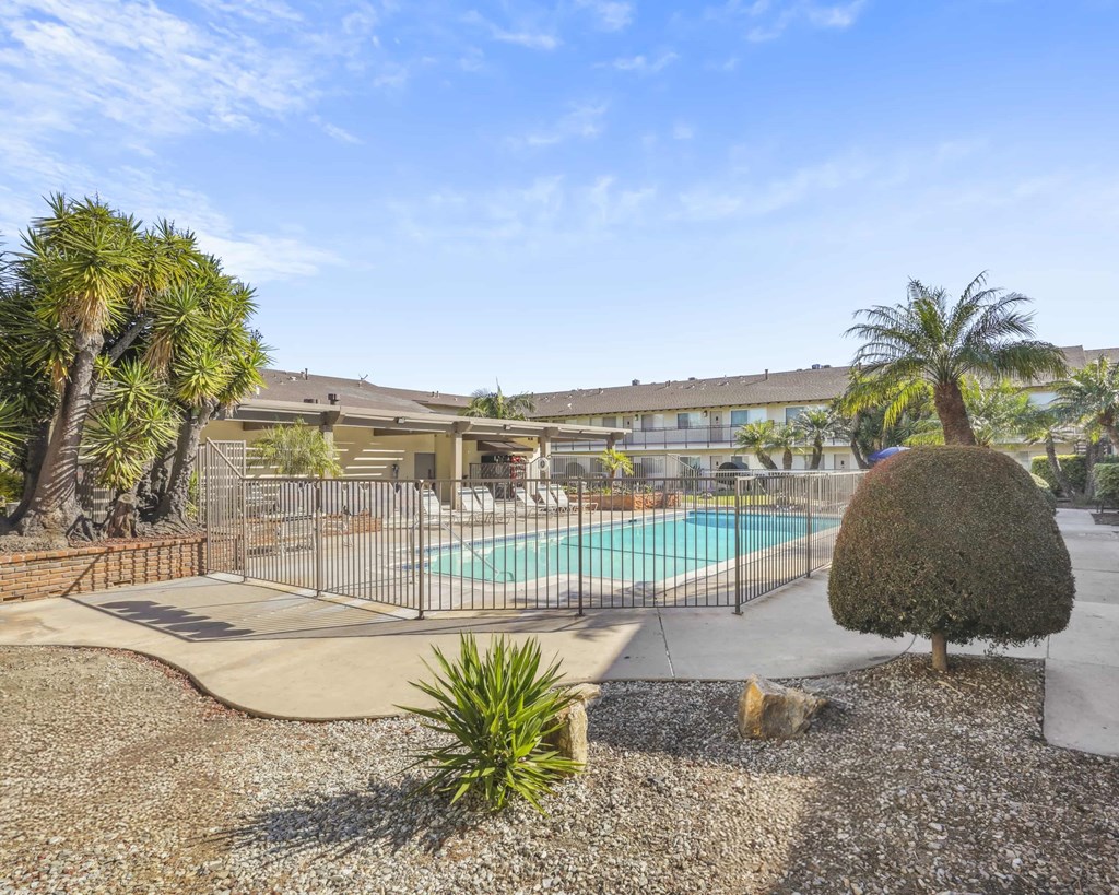 A pool surrounded by a fence and a few trees.