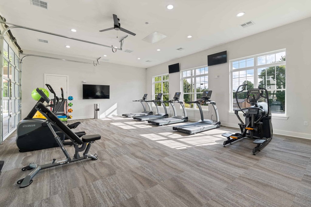 the gym is equipped with cardio equipment and weights